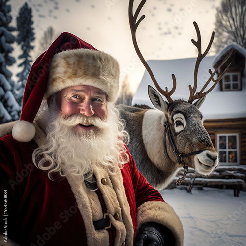 Smiling Santa Claus with his reindeer - created with Generative AI Technology photo