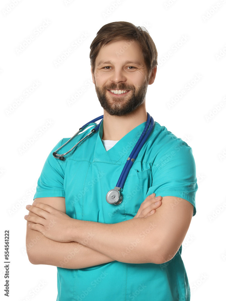 Doctor or medical assistant (male nurse) in uniform with stethoscope on white background Doctor or medical assistant (male nurse) in uniform with stethoscope on white background