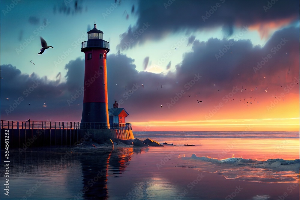 Obraz premium A beautiful sight of a lighthouse at sunset, open sea and huge waves - generative ai