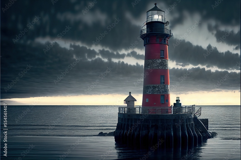 A beautiful sight of a lighthouse at sunset, open sea and huge waves - generative ai