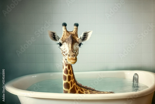 Stampa su tela Giraffe taking a bath in a bathtub. Generative AI.