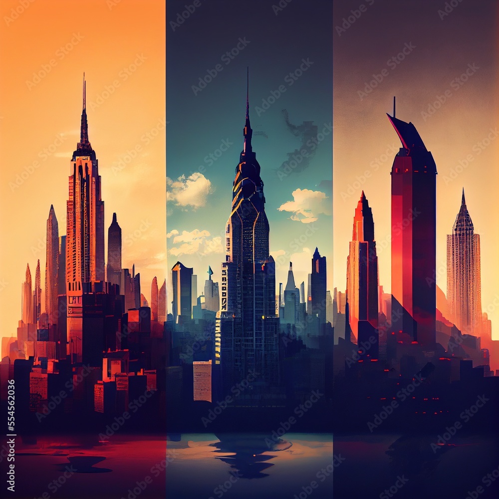 Skyscrapers skyline at sunset - Generative AI Skyscrapers skyline at sunset - Generative AI