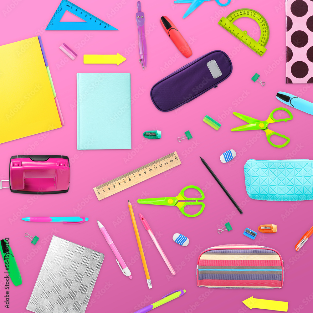 Flat lay composition with different school stationery on pink background Flat lay composition with different school stationery on pink background