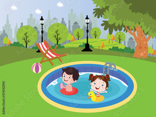Children playing in backyard swimming pool