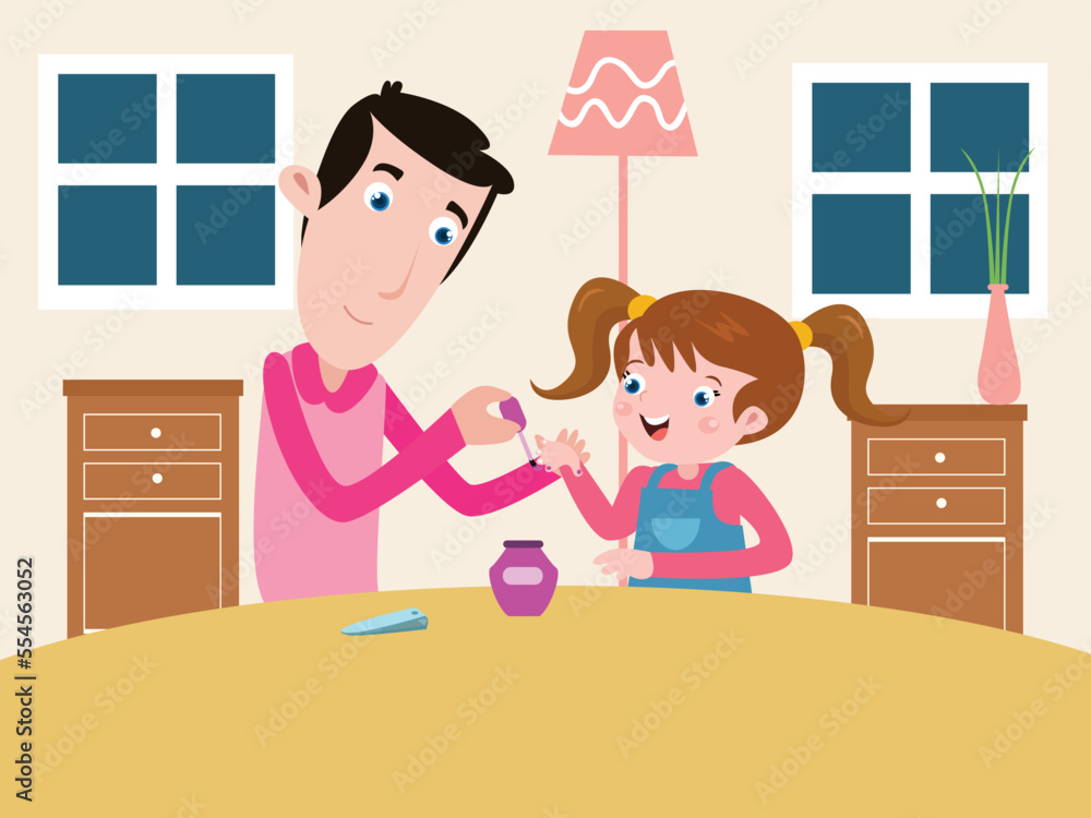 Father applying nail polish to her daughter nails Father applying nail polish to her daughter nails