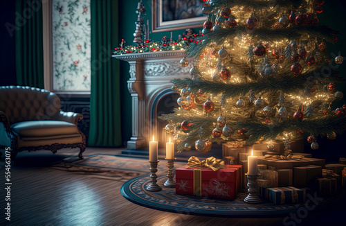 Beautiful Christmas scene of a charming house decorated with Christmas decorations and presents 