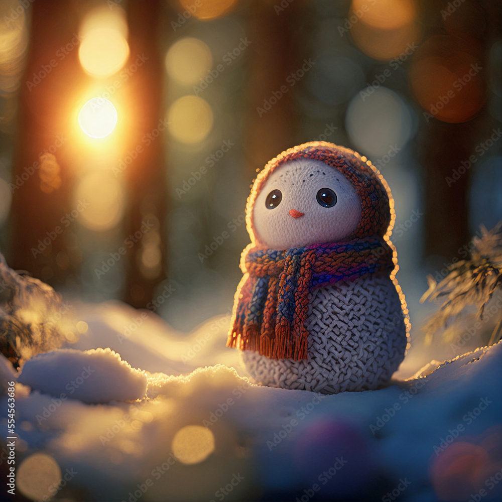 Obraz premium Cute Knitted Snowman Wearing a Cap and Scarf - Made with Generative AI