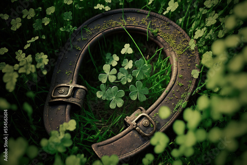 Lucky horse shoe in a field of four leaf clovers