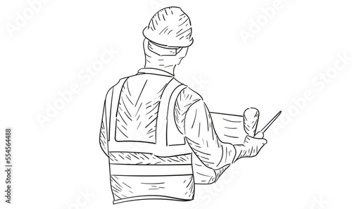 Black and White Sketch of a Construction Worker Reviewing Blueprints from Behind