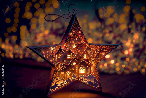 Golden star Christmas tree with houses design