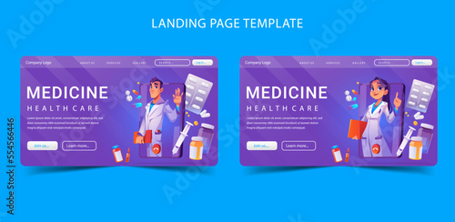 Online pharmacy and medicine help care realistic and flat landing page vector illustration