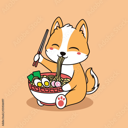 Cute Corgi Eating Ramen Vector Kawaii Illustration