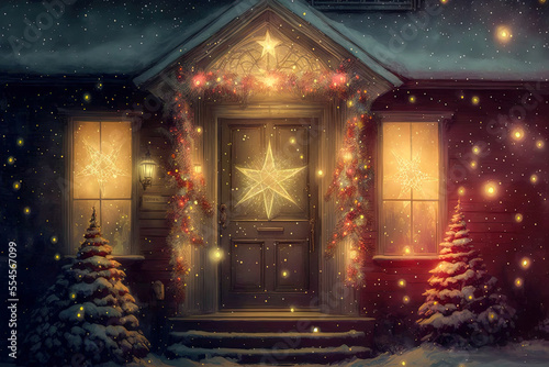 House beautifully decorated to with Christmas lights and Christmas stars 
