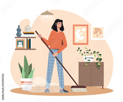Woman cleaning floor. Young girl with mop stands in apartment or house. Cleanliness and hygiene, routine and household chores. Responsible housewife and mother. Cartoon flat vector illustration