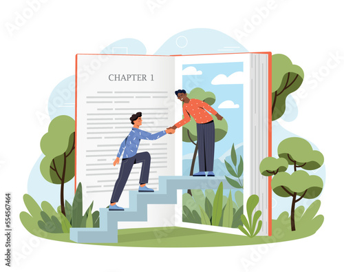 Inside book concept. Man helps young guy up stairs. Metaphor of fantasy and imagination, fiction literature and love for reading. Poster or banner for website. Cartoon flat vector illustration