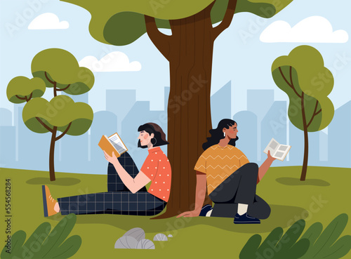 Reading in park. Women with books sit near tree, love of literature and outdoor recreation. Useful hobby, information and knowledge. Poster or banner for website. Cartoon flat vector illustration