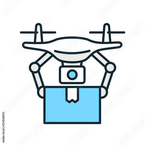 配送サービス。荷物を運ぶドローンのベクターイラスト素材。