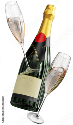 3D Party Background, Champagne Bottle With Glasses Floating, Celebration Concept