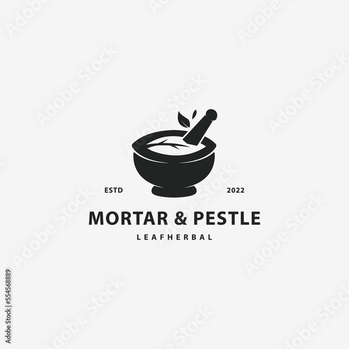 Vintage leaf bowl mortar and pestle logo design hipster vector illustration 2