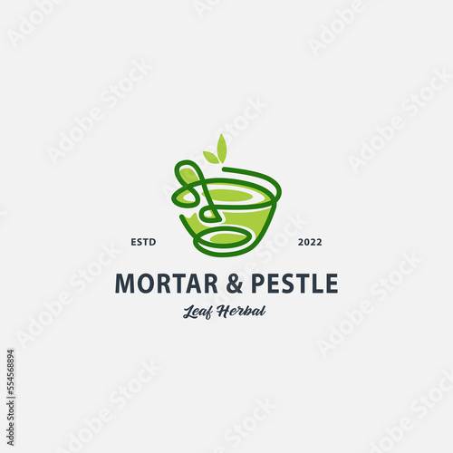 Vintage leaf bowl mortar and pestle logo design hipster vector illustration 3