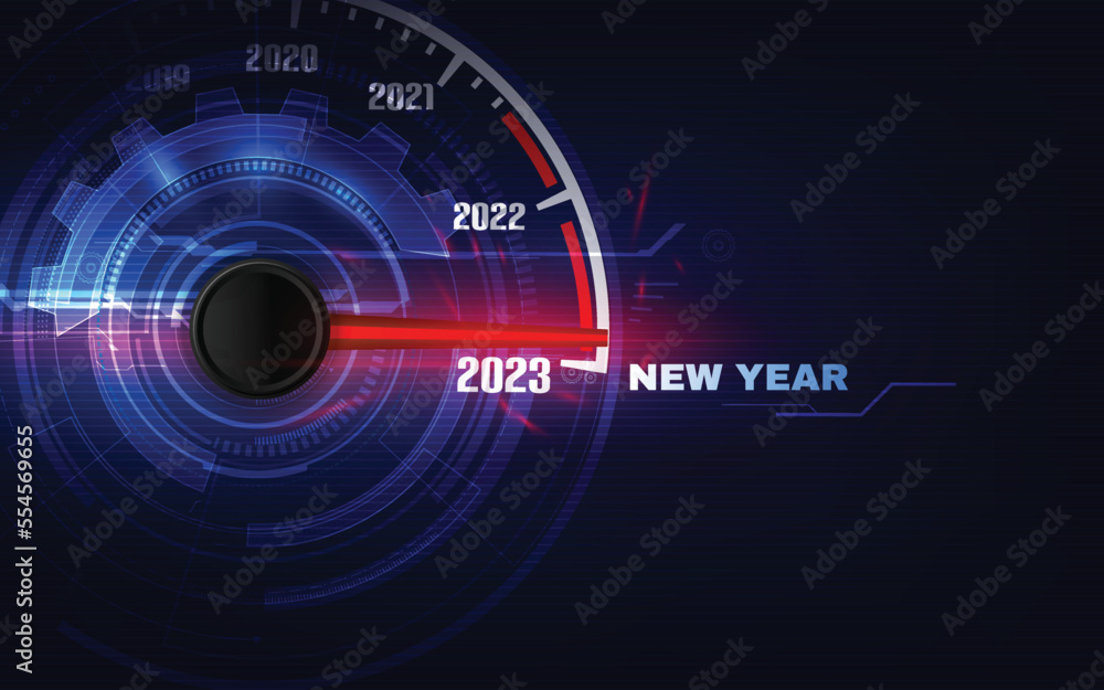 New year 2023 car speedometer, red indicator on black blur background New year 2023 car speedometer, red indicator on black blur background