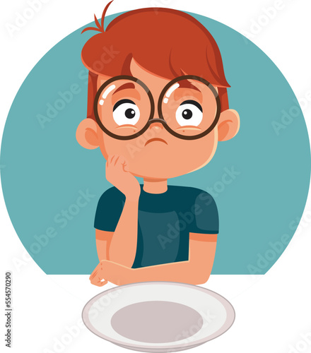 Unhappy Boy Waiting for his Lunch Dish Vector Cartoon Illustration. Hungry child waiting with patience for lunch sitting at the table
