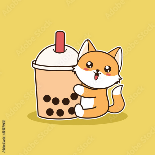Vector Illustration Cute Fox With Bubble Tea