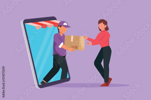 Character flat drawing active male courier comes out of giant smartphone screen with canopy and gives package box to young female customer. Online delivery metaphor. Cartoon design vector illustration
