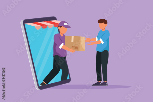 Graphic flat design drawing male courier comes out of canopy giant smartphone screen and gives package box to male customer. Fast respond at online delivery metaphor. Cartoon style vector illustration