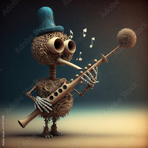 Talented musician character apreciating his instrument on a dark blue background photo