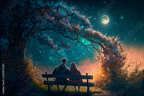 Lovers Sitting on a Bench Admiring the Night Sky - Made with Generative AI