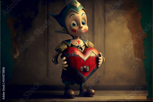 Pinocchio with a heart. Main character from the novel The Adventures of Pinocchio (1883). Generative AI. 