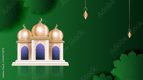 Ramadan background design with green and gold islamic decoration for greeting card. Vector illustration