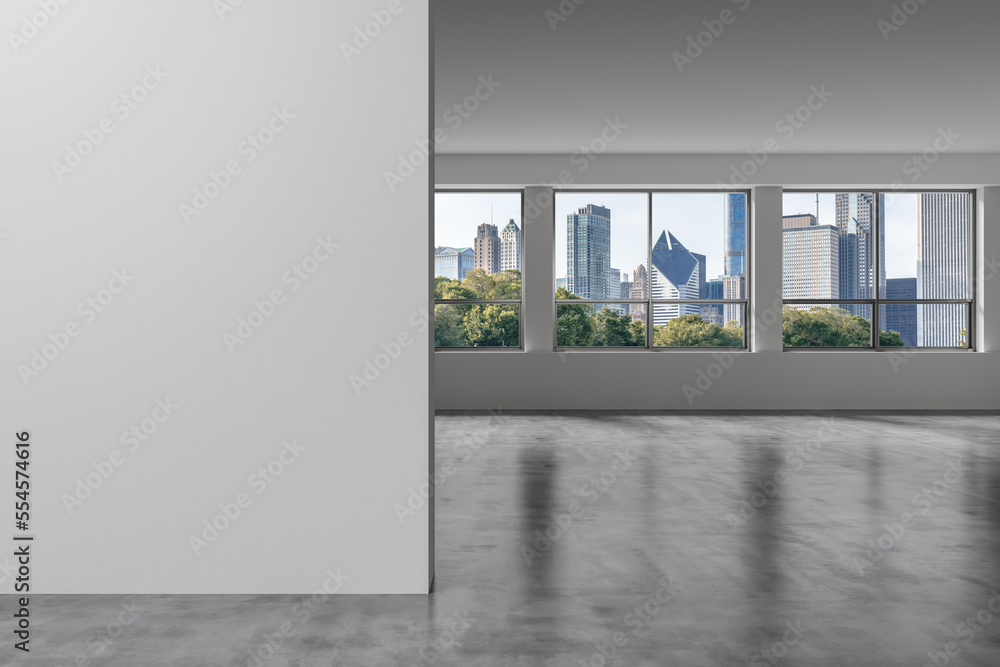 Obraz premium Downtown Chicago City Skyline Buildings Window background. Copy space white wall. Empty room Interior Skyscrapers View. Mockup concept. Day time. 3d rendering.