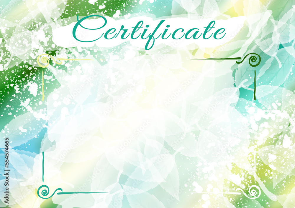 Certificate templatefor business design. Watercolor abstract frames, yellow, green, blue gradient with leave texture. Certificate, diploma for printing