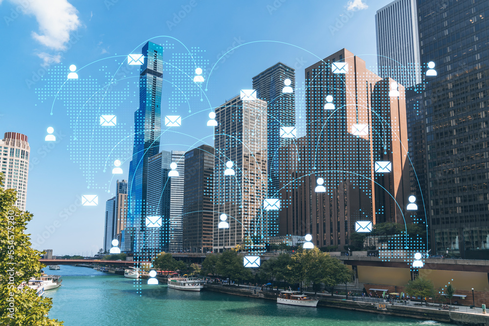 Obraz premium Panorama cityscape of Chicago downtown and Riverwalk, boardwalk with bridges at day time, Illinois, USA. Social media hologram. Concept of networking and establishing new people connections
