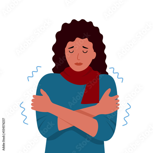 Woman shivering from cold weather in flat design on white background.