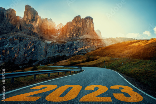 Fotobehang 2023 New Year road trip travel and future vision concept