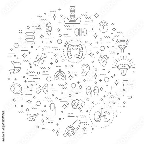 Simple Set of human anatomy and organ Related Vector Line Illustration. Contains such Icons as medical, heart, liver, brain, bones, lung, kidney, bladder, eye and Other Elements.
