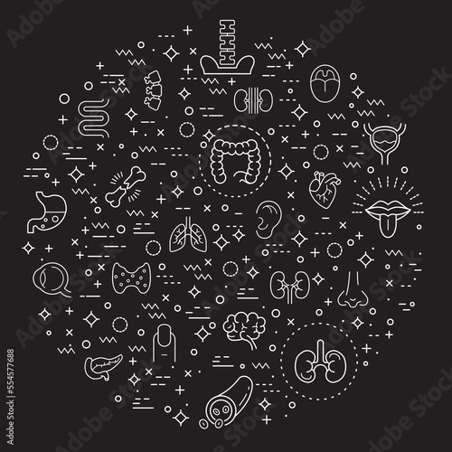 Simple Set of human anatomy and organ Related Vector Line Illustration. Contains such Icons as medical, heart, liver, brain, bones, lung, kidney, bladder, eye and Other Elements.