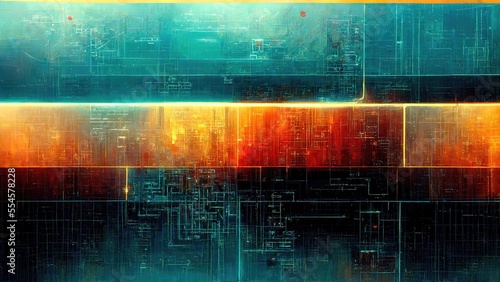 Retro graphical horizontal tiles, range blue futuristic CPU circuitry global network atmosphere Sci-fi chic cyberpunk graphic elements generated by Ai