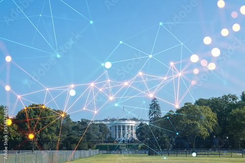 The White House on sunny day, Washington DC, USA. Executive branch. President administration. Social media hologram. Concept of networking and establishing new people connections