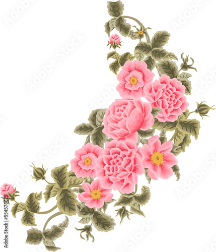 Beautiful Vintage Floral Bunch, Bouquet Arrangement with Rose, Peony, Chrysanthemum Flower and Leaf for Wedding Card Decoration, Garden Party Invitation