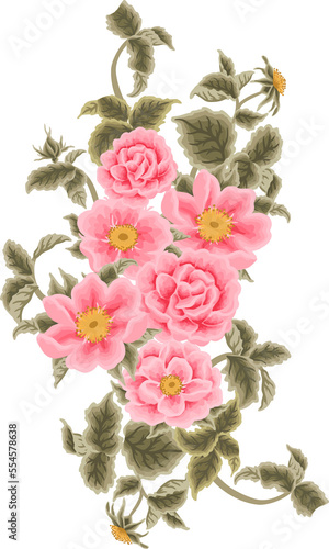 Beautiful Vintage Floral Bunch, Bouquet Arrangement with Rose, Peony, Chrysanthemum Flower and Leaf for Wedding Card Decoration, Garden Party Invitation