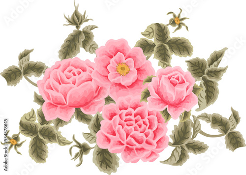 Beautiful Vintage Floral Bunch, Bouquet Arrangement with Rose, Peony, Chrysanthemum Flower and Leaf for Wedding Card Decoration, Garden Party Invitation