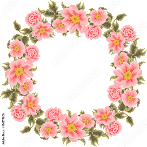 Beautiful Vintage Floral Frame, Wreath Arrangement with Rose, Peony, Chrysanthemum Flower and Leaf for Wedding Card Decoration, Garden Party Invitation