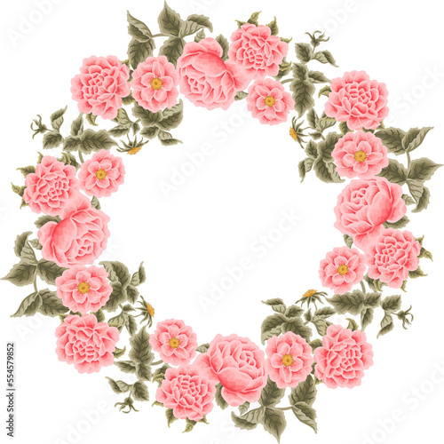 Beautiful Vintage Floral Frame  Wreath Arrangement with Rose  Peony  Chrysanthemum Flower and Leaf for Wedding Card Decoration  Garden Party Invitation