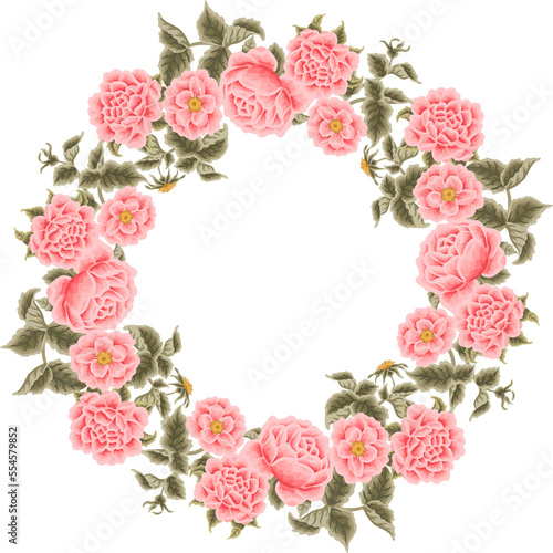 Beautiful Vintage Floral Frame, Wreath Arrangement with Rose, Peony, Chrysanthemum Flower and Leaf for Wedding Card Decoration, Garden Party Invitation