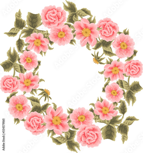 Beautiful Vintage Floral Frame, Wreath Arrangement with Rose, Peony, Chrysanthemum Flower and Leaf for Wedding Card Decoration, Garden Party Invitation