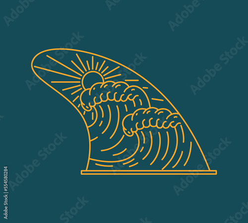 The waves and beach view in shark fin frame in mono line design for badge, sticker, patch, t shirt design vector